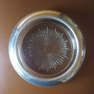 Vintage Etched Leaded Glass Serving Dish w/ Silver Border